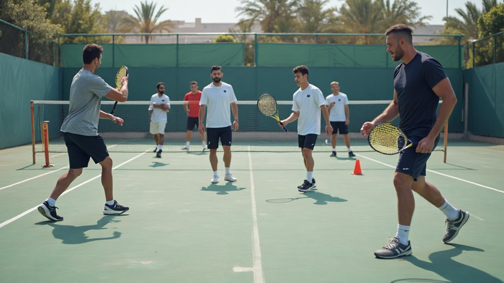 لاعب تنس يقوم بتمارين السرعة والحركة الديناميكية في الملعب