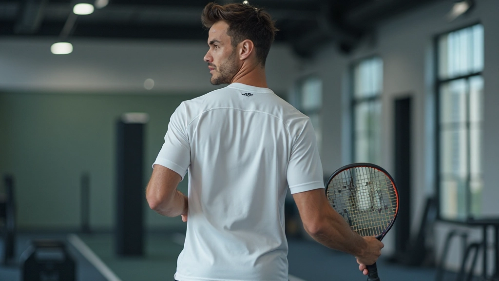 لاعب تنس يرتدي ملابس بيضاء احترافية يقوم بتمارين القوة والتحضير البدني المكثف
