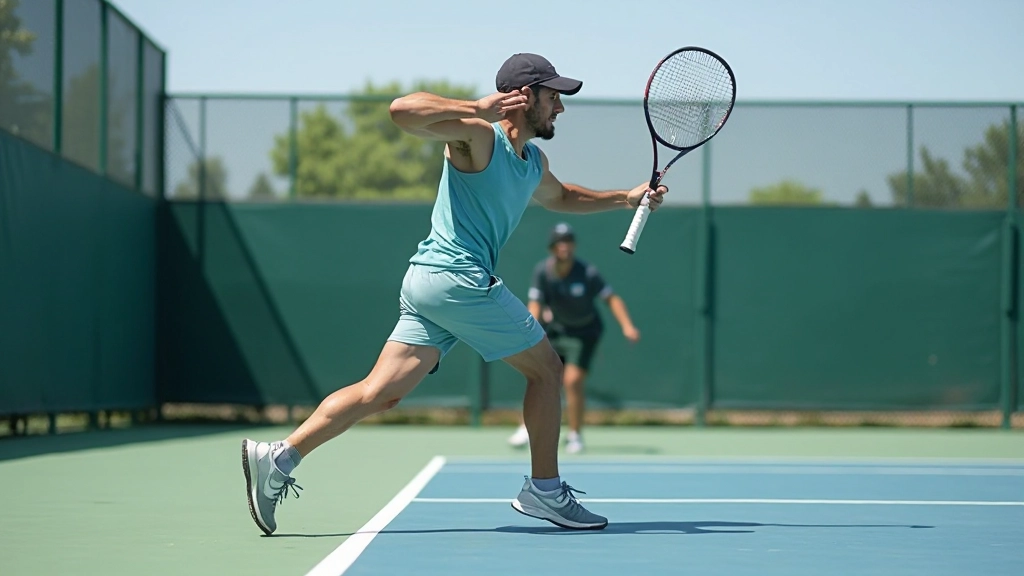 رسم توضيحي يظهر الوقفة الصحيحة وموضع القدمين والجسم أثناء تنفيذ ضربة أمامية في التنس