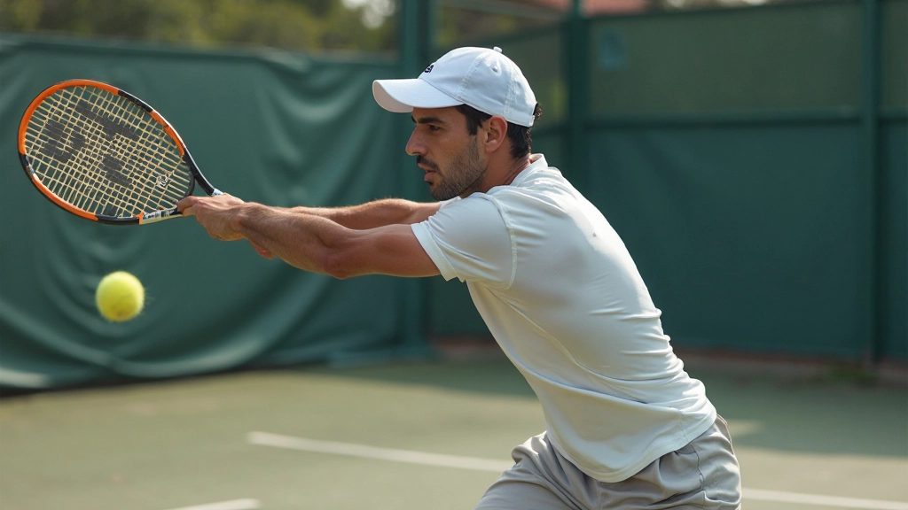 لاعب تنس يقوم بتنفيذ ضربة خلفية قوية بيدين مع موقف مثالي وتوازن تام