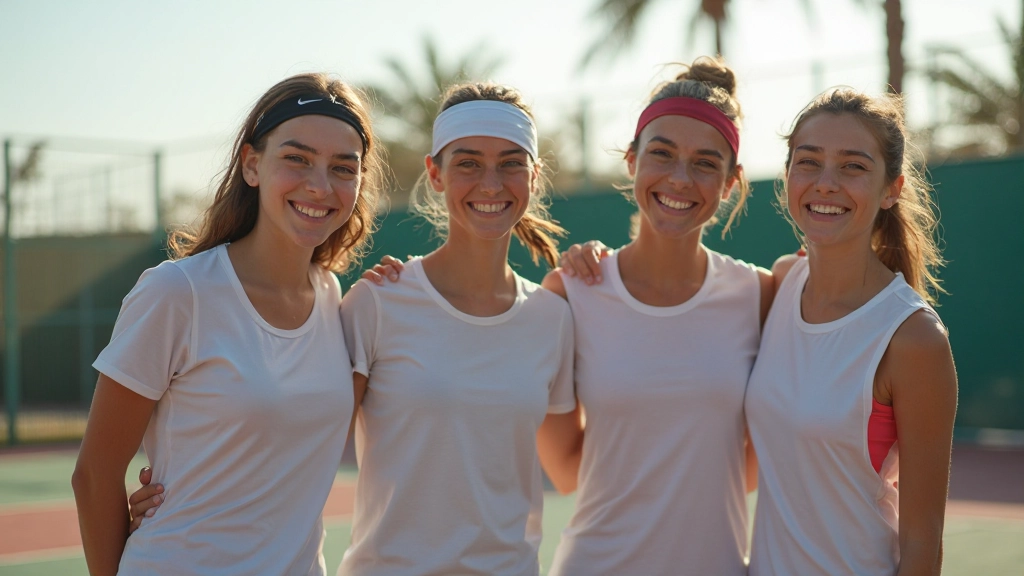 مجموعة لاعبي تنس شباب يحتفلون بإنجاز في ملعب تدريب كورت ماسترز
